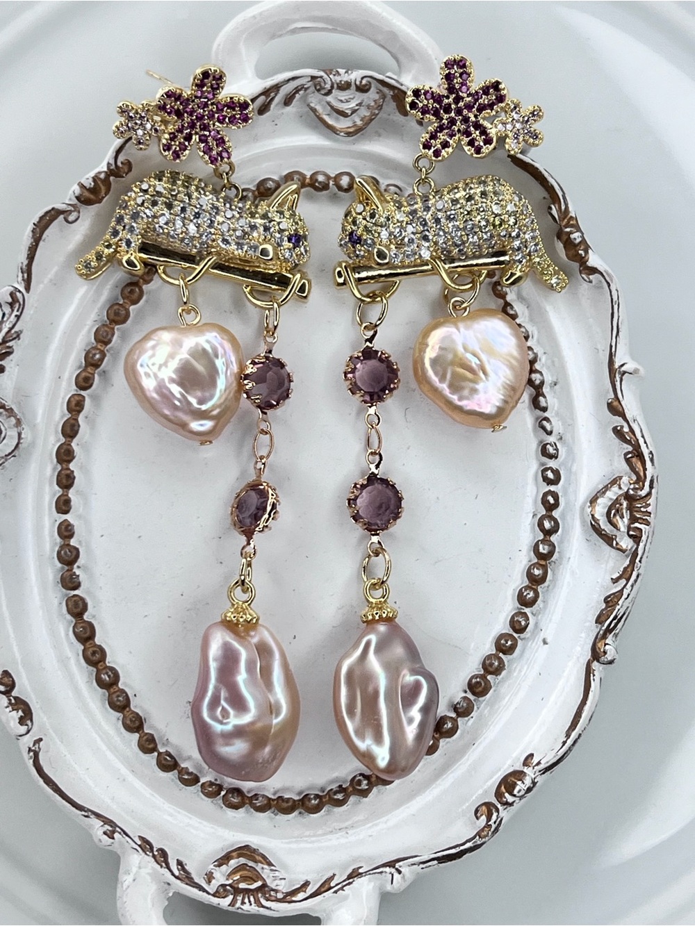 ❤️❤️ Handmade Freshwater Pink Keshi Heart Pearl Statement Crystal Earrings